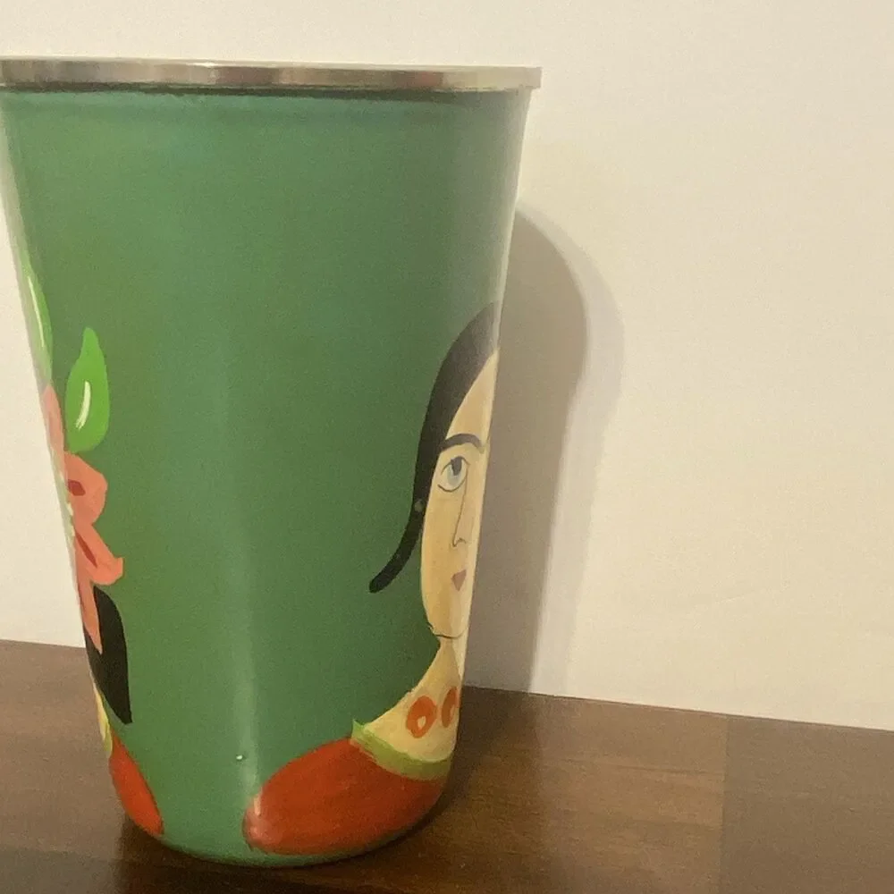 Green Metal Tumbler 16 oz Frida Kahlo Portrait Floral Folk Art 5.5 in